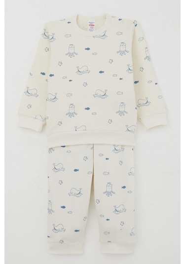 Breeze Erkek Bebek Pijama Takımı Omuzdan Patlı Sevimli Deniz Hayvanları Desenli 4 Ay-1 Yaş, Krem Krem