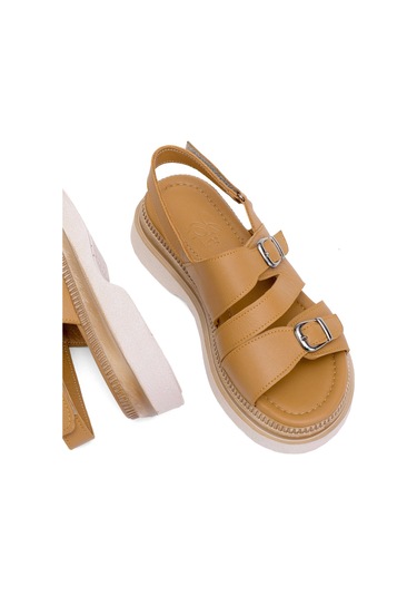 Elit Vesta Kadın Hakiki Deri Düz Sandalet Taba Taba