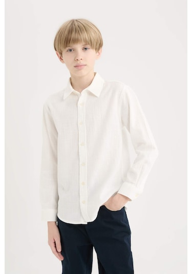 DeFacto Erkek Çocuk Polo Yaka Keten Görünümlü Uzun Kollu Gömlek D7792A825SMER105