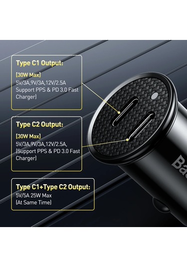Baseusbaseus 30w Çift Usb C Araç Şarj Cihazı İphone Uyumlu 13 14 15 Samsung Xiaomi Hızlı Şarj Evrenseldistribütör Garantili