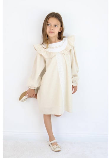 Miababy Nakış Detaylı Keten Elbise 1-8 Yaş Krem