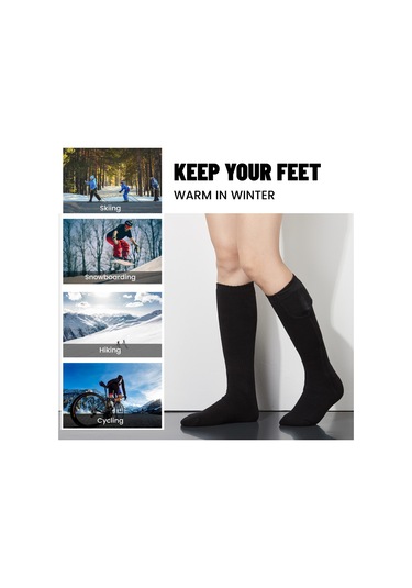 Konesam Erkek Kadın Unisex Elektrikli Isıtmalı Spor Çorapları - Winter Socks Sıcak Ayak Koruyucu Yüksek Lastikli Usb Şarjlı Siyah Beden Tek Beden Siyah