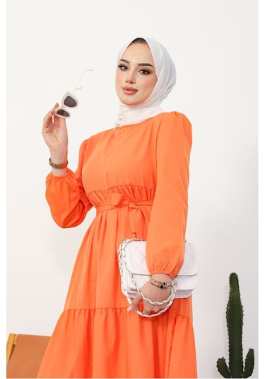 Akel Katlı Tam Boy Kuşaklı Tesettür Elbise 281 - Turuncu