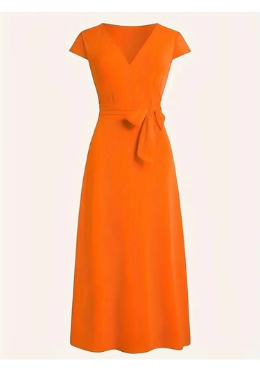Kadın Kısa Kollu V Yakalı Belden Kuşaklı Maksi Boy Viskon Elbise Turuncu