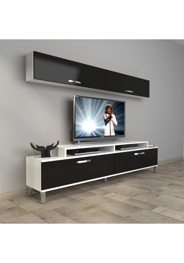 Decoraktiv Ekoflex 5 Slm Krom Ayaklı Tv Ünitesi Tv Sehpası Beyaz - Siyah