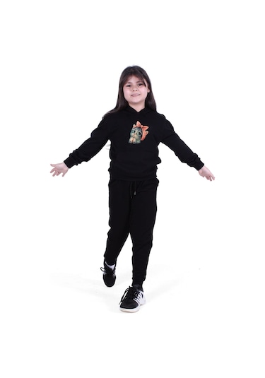 Fyk Kids Kedi Baskılı Kız Çocuk Eşofman Takımı Siyah