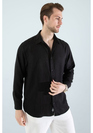 Rahat Kesim Keten Dokulu Gömlek Siyah