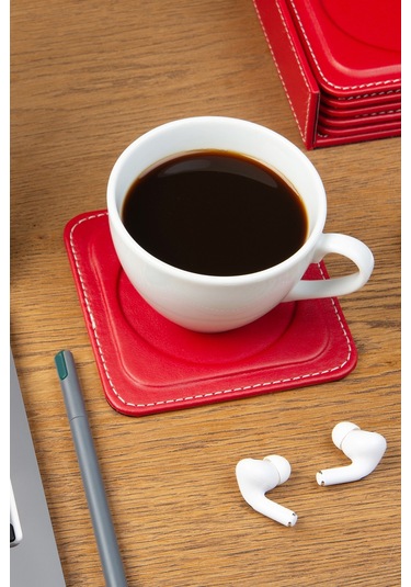 Bardak Altlığı,6 Lı Set,masaüstü Yuvarlak Cup Coaster,vegan Suni Deri,11x11 Cm.,kırmızı Kırmızı