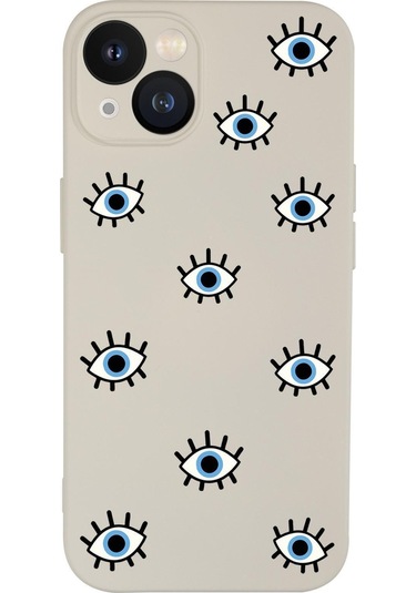 Iphone 13 Uyumlu Nazar Gözler Desenli Kamera Lens Korumalı Darbe Emici Silikonlu Lansman Kılıf Krem