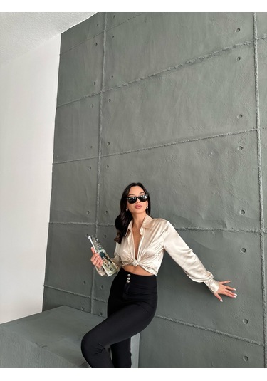 Kadın Oversize Taş Renk Saten Gömlek-taş Taş