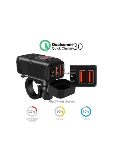 Pazly Çift Usb Motosiklet Hızlı Şarj Cihazı - Qc3.0, Voltmetreli, 12v Araç Şarj Aleti