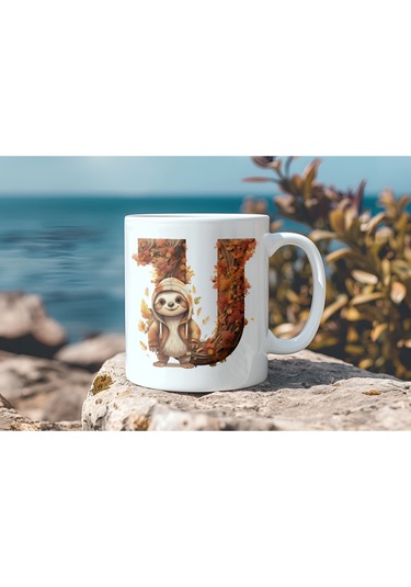 U Harf Sonbahar Yaprak Temalı Kupa Bardak - Sevimli Figürler İle Alfabe Harfli Bardak - Kişiye Özel Beyaz