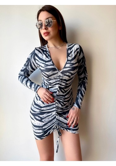 Tua Moda Kadın V Yaka Önü Asansör Büzgü Detay Fırsat Ürün Puantiyeli Mini Elbise Zebra