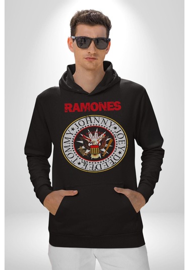 Ramones Punk Müzik Grubu Kadın Erkek Siyah Kapüşonlu Sweatshirt Hoodie Siyah