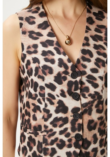Ritnice Kadın Style Leopar Astarlı Dokuma Yelek Kahverengi - Krem