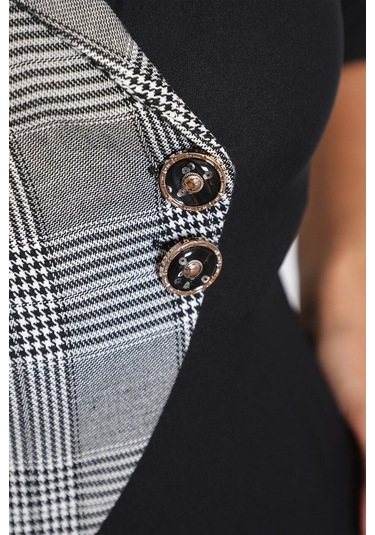 E.T.'S Element'S Kadın Siyah Beyaz Ekoseli Ofis Elbisesi Siyah