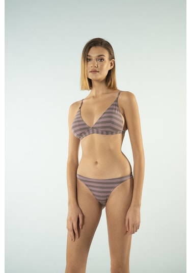 Estiva Bantlı Toparlayıcı Üçgen Bikini Takımı - Çizgili Mürdüm