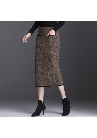Sonbahar Kış Kadın Midi Örme Etek Kadın Etek Yüksek Bel Kalınlaşmak Cepler Ince Bir Adım Kalça Etek Kahverengi