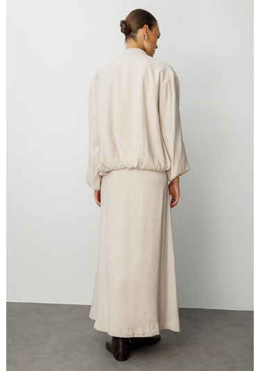 Mizalle Modal Karışımlı Taş Rengi Beli Lastikli Maksi Etek Taş