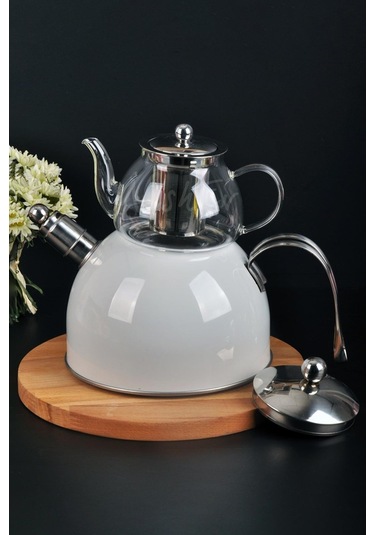 Nishev Zeyno Düdüklü Emaye Çelik Cam Çaydanlık Takımı Beyaz Beyaz