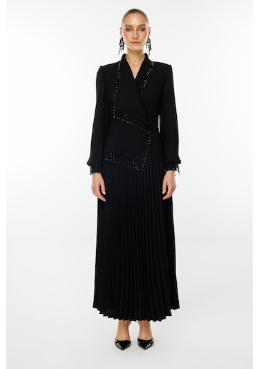 Moda İlgi Kadın Boncuk Detaylı Piliseli Uzun Elbise 6073 Siyah Siyah