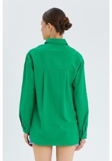 9942 Kadın Oxford Uzun Kol Basic Gömlek Yeşil Yeşil