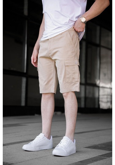 Bej Renk Kargo Cepli Gabardin Erkek Şort-1802 Bej
