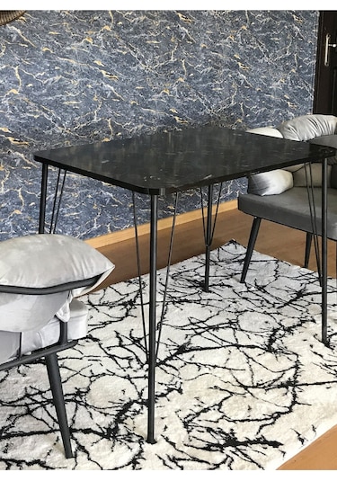 Yirmi15 Siyah Metal Ayaklı 60x90 Siyah Mermer Desen Mutfak - Balkon - Çalışma Masası