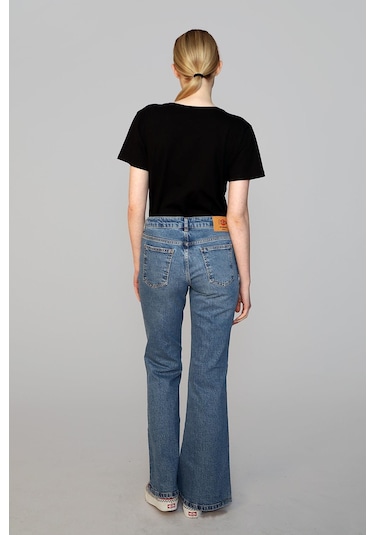 Lee Cooper Luna Yüksek Bel İspanyol Paça Kesim Geniş Paça Mavi Kadın Jean Pantolon-19138 Denim