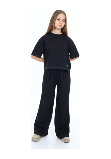 Kız Çocuk %100 Pamuk Oversize Yarım Kol Alt-üst Eşofman Takım-eşt-0012 Siyah