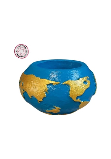 Uretti - Ayşe 7362 7938 El Yapımı Dünya Şeklinde Mavi - Gold Renk Saksı / Mumluk Dekoratif Obje - 6 X 9 Cm 1 Adet