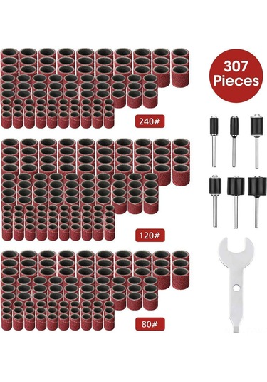 Tenfowee Alüminyum Oksit Kauçuk Zımpara Seti - 300 Adet Zımpara Kolu 80 /120 /240 + 6 Adet Mandrel 2.35mm/3.17mm - Elektrikli Zımpara Aksesuarı