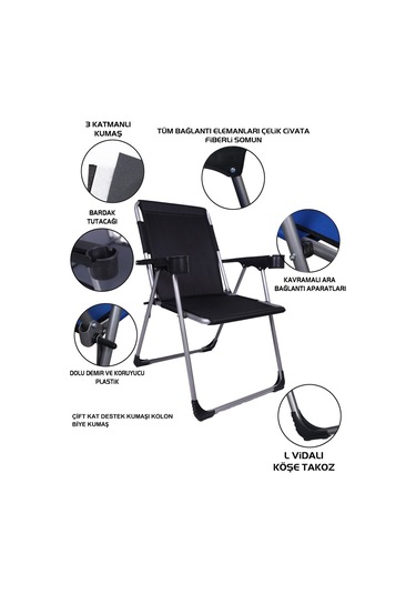 Alin Metal Kamp Sandalyesi 2''li Lüks Bardaklı Kamp Sandalyesi Ve Masa Set Puy-01 Siyah Siyah