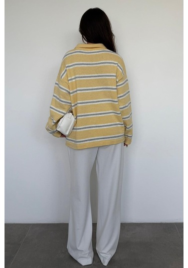 Sarı Polo Yaka Çizgili Kadın Triko Kazak Mg2469 Sarı