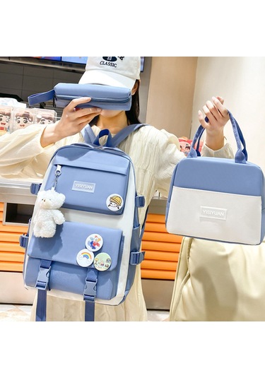Yeiuyi Öğrenci Okul Çantası Öğle Yemeği Çantası Kalem Çantası Üç Parça Seti Mavi