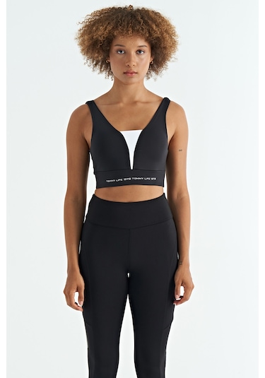 Tommy Life Siyah - Beyaz Yazı Baskılı Renk Bloklu Dar Kalıp Dalgıç Kumaş Kadın Büstiyer - 97271 Siyah - Beyaz