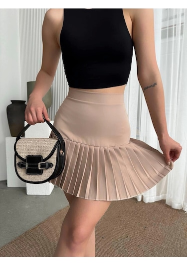 Altı Pliseli Mini Etek Bej