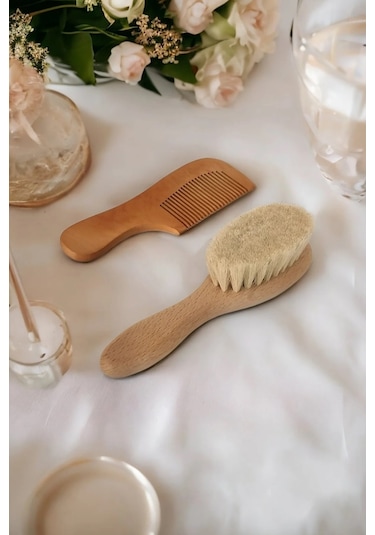 Doğal Keçi Kılı Bebek Saç Fırçası ve Doğal Ahşap Tarak 2'li Set