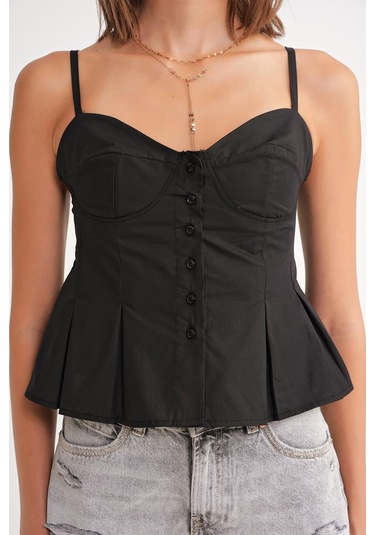 4737 Kadın Düğmeli Kuplu Pileli Bluz Siyah Siyah