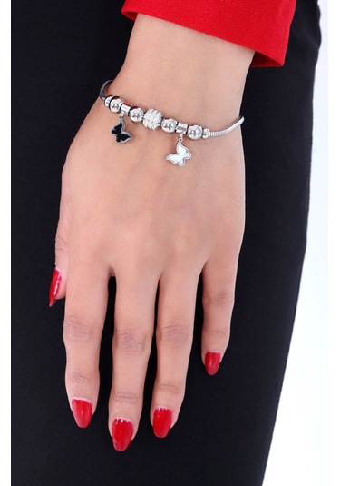 Kadın Taşlı Kelebek Çelik Bileklik Altın Kaplama Gümüş Renk Altın