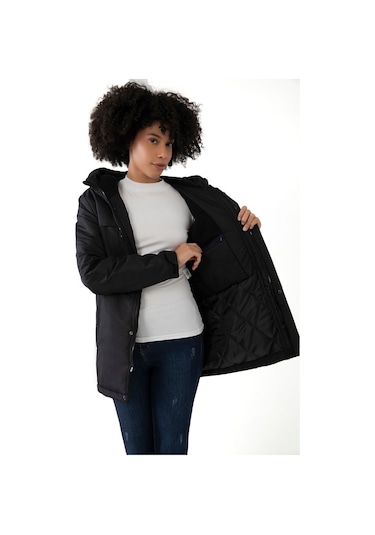 Kadın Siyah Içi Polarlı Su Ve Rüzgar Geçirmez Kapüşonlu Kışlık Mont & Kaban & Parka Siyah