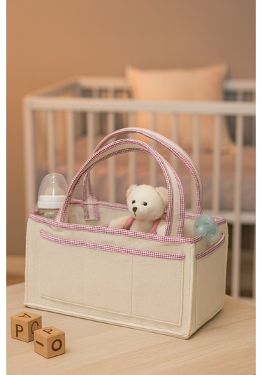 Anne Bebek Kalın Keçe Bakım Çantası Yenidoğan Için Organizer Düzenleyici Çok Amaçlı Bej Pembe Overlok Detay