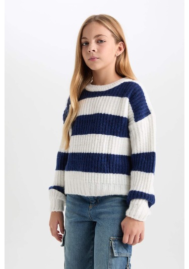 DeFacto Kız Çocuk Çizgili Bisiklet Yaka Triko Kazak A6009A824WNNV241 Lacivert