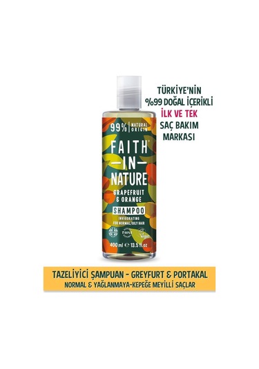 Faith in Nature %99 Doğal Tazeleyici Şampuan Greyfurt & Portakal Normal & Yağlanmaya-Kepeğe Meyilli Saçlar İçin 400 ML
