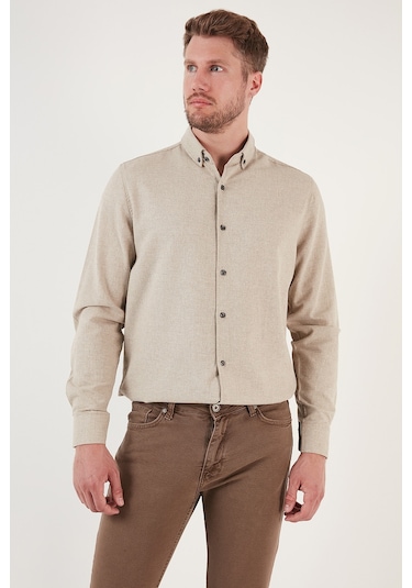 Buratti Pamuklu Regular Fit Düğmeli Yaka Kışlık Erkek Gömlek Cf24W127079 Bej