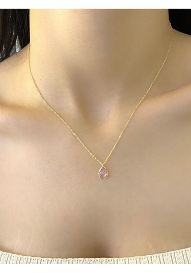 Magold Minik Damla Pembe Kuvars Taş Günlük Çok Şık Altın Altın Kolye