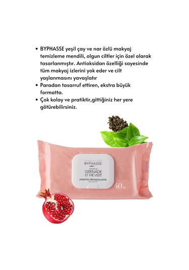 Byphasse Nar Ve Yeşil Çay Özlü Makyaj Temizleme Mendili Olgun Ciltler 40'lı