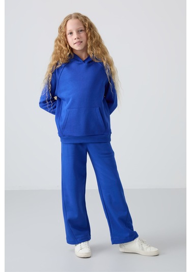 Tommy Life Gece Mavi Pamuklu İçi Tüylü Yumuşak Dokulu Standart Fit Nakışlı Kız Çocuk Eşofman Takım - 75162 Mavi