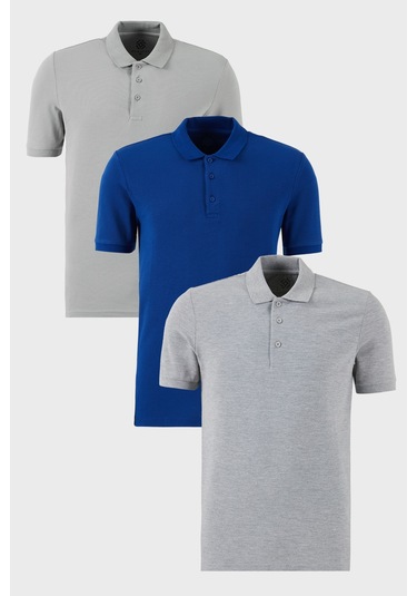 Buratti Pamuklu Regular Fit Düğmeli Polo Yaka 3'Lü Paket Erkek T Shirt 5902127S3 Gri Melanj-Saks-Kül