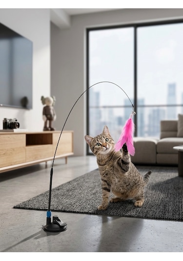 Vantuzlu Ve Çıngıraklı İnteraktif Kedi Oyun Oltası Pembe Tüylü